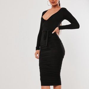 Black Slinky Plunge Belted Midi Dress